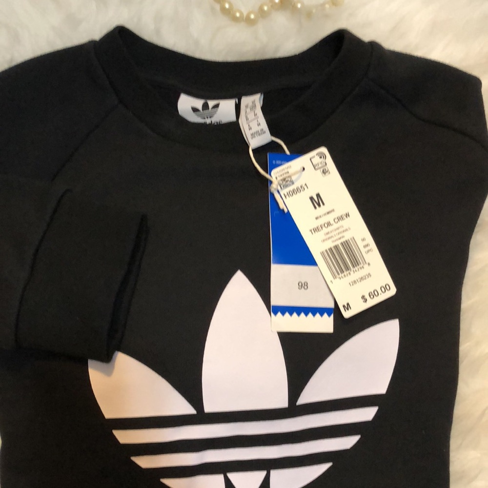 NWT • ADIDAS • NEW Men’d Black Crewneck with White Trefoil Logo - Picture 6 of 7